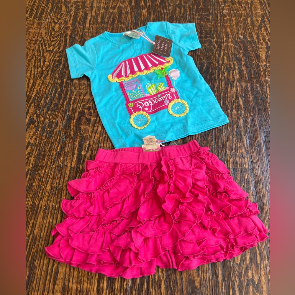 NWT Lemon Loves Lime Popcorn Appliqué Tee and Ruffle Shorts Size 3